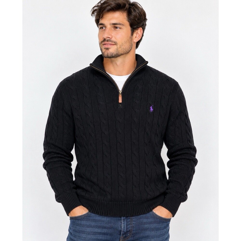 Polo Ralph Lauren L Cable Knit 1/4 Zip Sweater Black Purple Pony Pullover Cotton